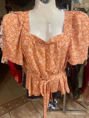 Alice Blue Orange Floral Puff-Sleeve Tie-Waist Top